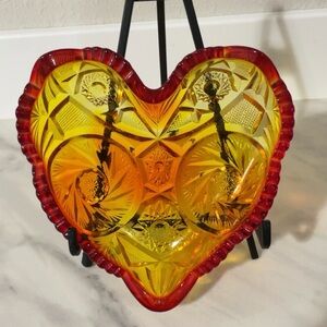Vintage Red / Orange / Yellow Heart Shaped Etched Cut Glass Bowl
